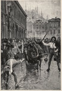 Napoleons abdikasjon oppmuntrer til opptøyer i Milano, og Giuseppe Prina, den upopulære finansministeren, blir dratt rundt i gatene og til slutt drept av mobben på Piazza San Fedele i Milano, 20. april av Unknown artist