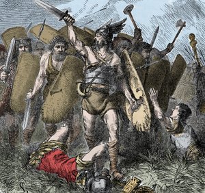 Narses overvinner østgoterne - Invasjoner av barbarene: Narses (478-573) Bysantinsk general, evnukk, av keiser Justinian I seier mot østgoterne i slaget ved Taginae, Italia, i år 552. Fargegravering fra 1800-tallet av Unknown artist