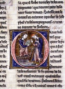 Nascion mottar boken (?). Manuskript: Conquest of the Saint Gréal, skrevet 717 år etter lidenskapen til vår herre. Bibliotheque Municipale de Rennes, ms. 255 (Samling av romaner om det runde bord); Paris av Unknown artist