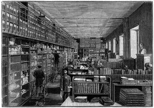 Nasjonalbiblioteket i Paris: Katalogkontoret. Ovenpå er boksene til skuespillene. Gravering i "" La Nature: revue des sciences et de leurs applications aux arts et a l