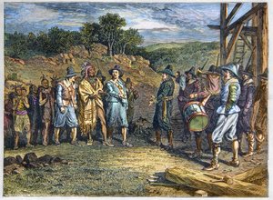 Innfødt befolkning i Amerika: indianere. Nybyggerne møtte Massasoit (1590-1661) også kjent som Ousamequin "Yellow Feather"" sjef for Wampanoag-stammen, Plymouth Colony, år 1620. Wampanoag-leder Massasoit besøkte kolonister i Plymouth av Unknown artist