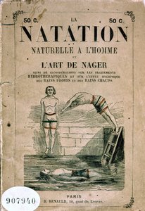 Naturlig svømming med mennesket og svømmekunsten, og betraktninger om hydroterapibehandlinger og den hygieniske effekten av kalde og varme bad - Frontispice, slutten av 1800-tallet av Unknown artist