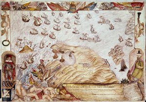 Sjøslag mellom den tyrkiske og venetianske flåten i 1661 - Miniatyr - Venezia, Biblioteca Marciana av Unknown artist