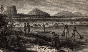 I nærheten av grå stær i Rovuma (Mozambique), fiskeaktiviteter av fisken. Gravering for å illustrere Dr. Livingstones første reiser til Sør-Afrika fra 1840 til 1856, i «Le tour du monde, nouveau journal des voyages»» publisert under direktivet av Unknown artist