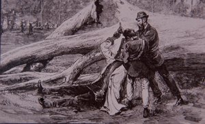 Ned Kelly tatt til fange av politikonstabel Kelly og jernbanemann Jesse Dowsett, 28. juni 1880 (gravering) av Unknown artist