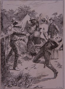 Ned Kelly dreper politikonstabel Lonigan ved Stringybark Creek i 1878 (gravering) av Unknown artist