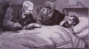 Ned Kelly ligger såret på fengselssykehuset i Melbourne etter å ha blitt tatt til fange av politiet 28. juni 1880 (gravering) av Unknown artist