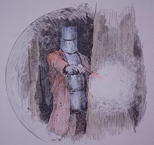 Ned Kelly iført sin hjemmelagde rustning, i konfrontasjon med politiet (håndfarget gravering) av Unknown artist