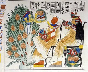 Nephtys, egyptisk gudinne, springer ut av det mystiske treet og tilbyr mat til den avdøde - i "Monuments of Egypt and Upper Nubia" av Ippolito Rosellini (Rossellini). 1800-tallet. av Unknown artist