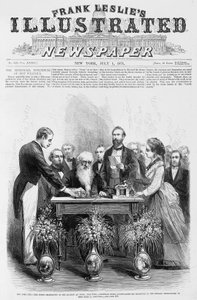 New York City - Morse Celebration at the Academy of Music, June 10 - Professor Morse manipulating his signature to the message telegraphed by Miss Sadie E. Cornwell - in “” Frank Leslie