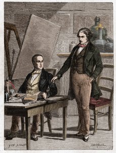 Niepce leser for Louis Daguerre i beskrivelsen av heliografi, for fiksering av bilder fra camera obscura - Nicephore Niepce (1765-1833), fransk oppfinner, pioner innen fotografi som leser for Daguerre beskrivelsen av metoden hans for fiksering av i av Unknown artist