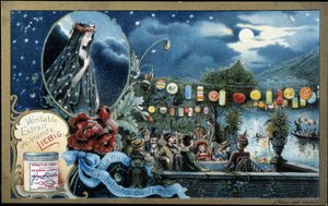 Natt, nattfest opplyst med lykter, nær en innsjø - Liebig-kromolitografi av Unknown artist
