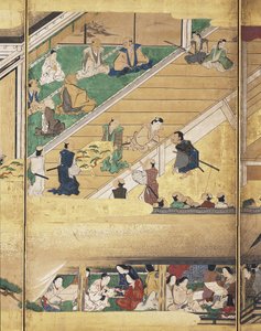 Noh Play: Funa Benkei (blekk, farger og gull på papir, skjerm med seks paneler) av Unknown artist