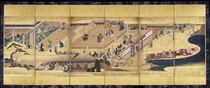 Noh Play: Funa Benkei (blekk, farger og gull på papir, skjerm med seks paneler) av Unknown artist