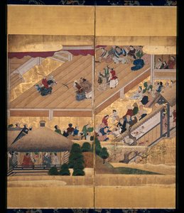 Noh Play: Funa Benkei (blekk, farger og gull på papir, skjerm med seks paneler) av Unknown artist