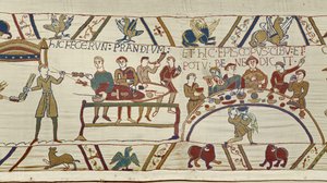 Norman servants prepare a banquet for William and Bishop Odo blesses the meal, Bayeux Tapestry (wool embroidery on linen) av Unknown artist
