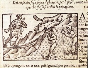 Norske jegere som beveger seg gjennom ski. gravering av Olaus Magnus (1490 - 1557), svensk religiøs og geograf, "Historia de Gentis Septentrionalibus", Venezia av Unknown artist