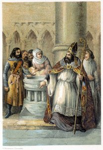 Notger (930 - 1008), eveque av Liege, under dåpen til Otton III (980-1002), konge av Tyskland. Kromolitografi fra 1800-tallet. av Unknown artist