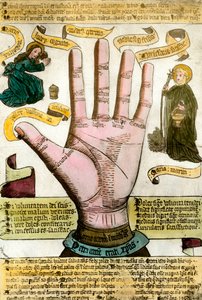 Okkulte vitenskaper: hånden med sine linjer for å lese fremtiden. Tallerken tegnet fra en håndflate av Unknown artist