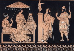 Odyssey av Homer - Ulysses ved domstolen i Alcinous - Odyssee d'Homere: "Ulysses a la cour d'Alcinoos"" Ulysses ber Alcinous (Alcinoos, Alkinoos) om nødvendig hjelp for å returnere til hjemlandet - gravering fra "Usi e Costumi d av Unknown artist