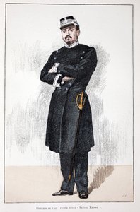 Fredsoffiser, Small Second Empire Dress (1852-1870). Etsning i farger, for illustrasjon "" History of the Corps of Peacekeepers""" bok utgitt i regi av Louis Lepine (1846-1933), prefekt for politiet på Seinen, av Alfred Rey (186) av Unknown artist