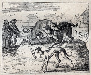 Old English proverb: two dogges strive for a bone and the third takes it away av Unknown artist
