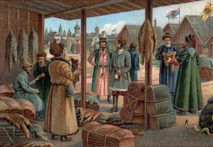 Gamle kjøpesentre: Pelsmesse i Novgorod (Veliky Novgorod), Russland på 1800-tallet. Kromolitografi fra slutten av 1800-tallet av Unknown artist