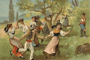 Gammel skikk feiret i Provence-regionen: Farandole for høstingsfestivaler for silkeorm. Kromolitografi fra slutten av 1800-tallet. av Unknown artist