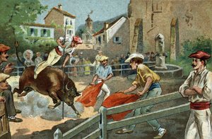 Gammel skikk feiret i regionen Biscaya: Landaise-løp i en landsby. Kromolitografi fra slutten av 1800-tallet. av Unknown artist