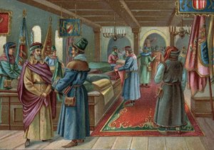 Old shopping centres: linen hall in Bruges, Belgium in the 15th century. Chromolithography of the late 19th century av Unknown artist