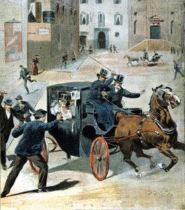 Den 16. juni 1894, i Roma, avfyrte anarkisten Paolo Lega en revolver mot Francesco Crispi, president for det italienske rådet. Illustrasjon av perioden. av Unknown artist