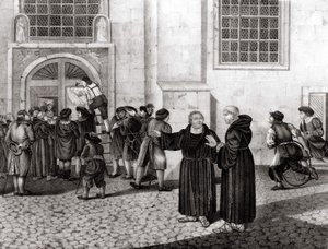 On 31/10/1517, Luther posted on the gates of Wittenberg Castle his 95 theses “” denouncing the sale of indulgences and which marked the beginning of the Reformation - grav. av Unknown artist