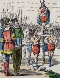 Da Childeric I døde, ble sønnen Clovis valgt til konge av Salians Francs som bar ham på bolverket mens han turnerte i leiren (gravering) av Unknown artist