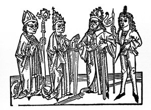 Til venstre: biskopen, paven, keiseren og den adelige rytteren. De viktigste representantene for de sosiale klassene i den føydale epoken. Gravering fra “Leben der Heiligen - sommerteil” (Helgenboken) av Jacobus (James) av Voragine (1228-1298). Lu av Unknown artist