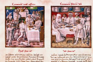 Til venstre festen Assuerus 1. (Xerxes 1.). Til høyre festen for Jobs barn. Miniatyr fra manuskriptet "" Le Miroir de l