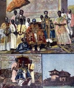 På toppen er Impress Taitou fra Etiopia, kona til Menelik II og hans oppfølger. Nede til venstre er hans datter, den fremtidige dronning Zaouditou (1876 - 1930). Til høyre, keiserpalasset Ghebi i Addis Abeba. ill. for sent 1800-tallspresse. av Unknown artist