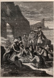 En av dem koblet fra med tennene: Viseadmiral John Byron (1723-1786) på en av øyene i Detroit of Magellan - Fuegians (innbyggere i Tierra del Fuego) decoupe med tennene en hval som hadde blitt revet og forsteinet på stranden - syk av Unknown artist