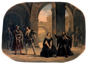 Operascenen "" I vespri siciliani"" (De sicilianske vesperene) komponert av Giuseppe Verdi. kromolitografi fra slutten av 1800-tallet.. av Unknown artist