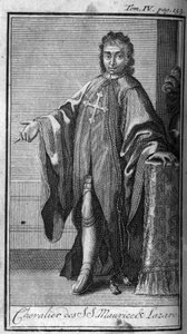 Ridderordener. Ridder av Saint Maurice og Lazarus i Savoy på 1500-tallet. I "" Historien om militære ordener eller riddere, av seculieres og faste militser av begge kjønn, som har blitt etablert så langt. Utgave hentet fra Abbe Giustinian av Unknown artist