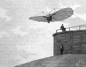 Otto Lilienthal (1848-1896), German aeronautics pioneer, leaping from his wooden tower with his flying aircraft (from an instant photograph). Engraving in “” La Nature: revue des sciences et de leurs applications aux arts et a l