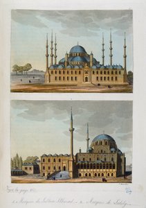 Det osmanske riket: Den blå moskeen (eller Sultanahmet Camii) bygget av Sultan Ahmet (Ahmed) I og moskeen i Laleli i Istanbul - i "" Den eldgamle og moderne drakten""" av Ferrario, ed Milan av Unknown artist
