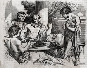 Utendørs bankettscene - Vitellius (Aulus Vitellius Germanicus Imperator Augustus) romersk keiser (15-69) gir en fest - gravering i "" The Universal Health - Medical Guide for Families"" 1852 av Unknown artist