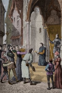 PERKIN WARBECK (c1474-1499) flamsk bedrager; bekjente å være Richard, hertugen av York, den andre av Edward Ivs sønner - Leser tilståelsen hans utenfor Westminster Hall, London av Unknown artist