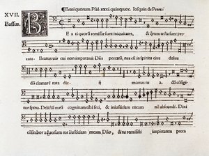 Side med partituret til Beati quorumsalme XIII av Willaert (1538) av Unknown artist