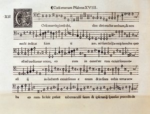 Side med partitur til Salme XVIII av Willaert (1538) av Unknown artist