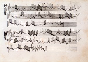 Side med musikalsk partitur av Harmonice Musices Odhecaton av Ottaviano Petrucci (1501) av Unknown artist
