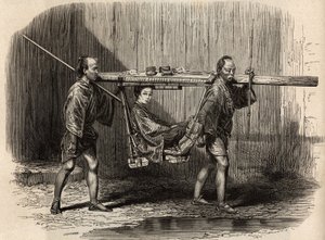 Palanquin har bruk for folket, åpent, brukeren legger eiendelene sine på taket før han setter seg inn for å gjøre sin reise. Gravering for å illustrere reisen til Japan i 1863-1864, av Aime Humbert, minister for det sveitsiske konføderasjonen, i "Le tour d av Unknown artist