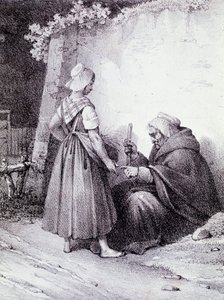 Palmistry: en gammel spåkone leser hånden til en ung jente (gravering) av Unknown artist
