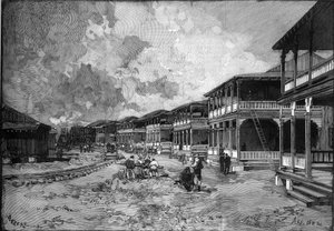 Panama Canal. Street of the new city of Christopher Columbus a Colon: workers