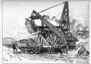 Panama Canal works. Main machines: Osgood excavator. Engraving in “” Le Monde Illustré”” av Unknown artist